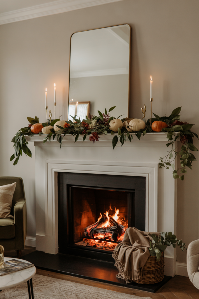 Timeless fall mantel garland layered with eucalyptus, autumn leaves, and seasonal berries.