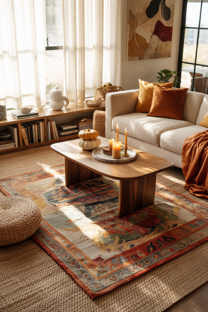 Layered jute and vintage rugs in warm autumn hues, adding texture and coziness to a modern living room.