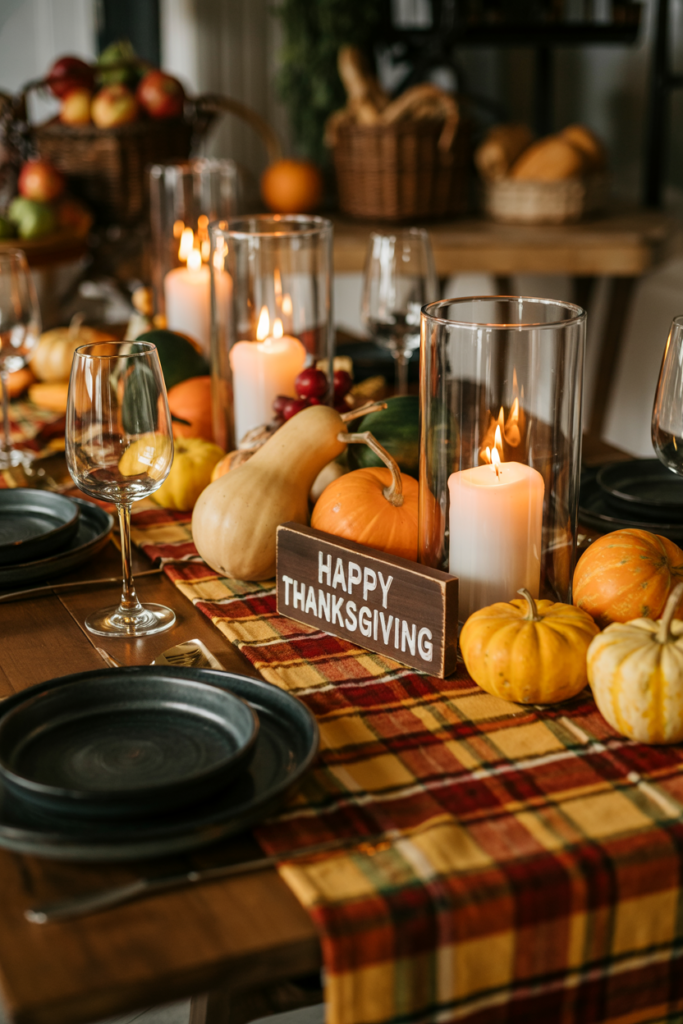 Farmhouse Thanksgiving centerpiece with layered plaid table runners in rich fall tones, topped with harvest gourds, glass hurricanes, and cozy rustic dinnerware for a warm seasonal dining look.