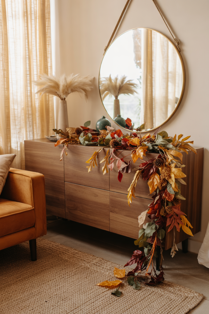 Leaf garland in warm autumn colors draped across a mantel or TV console in a modern cozy living room.