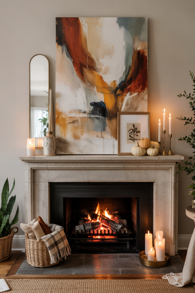 Transitional fall mantel with leaning artwork, rustic pumpkins, and autumn foliage.