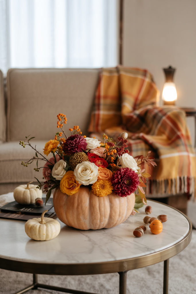 Modern coffee table centerpiece featuring a hollowed pumpkin vase filled with dense seasonal flowers  in warm autumn colors.