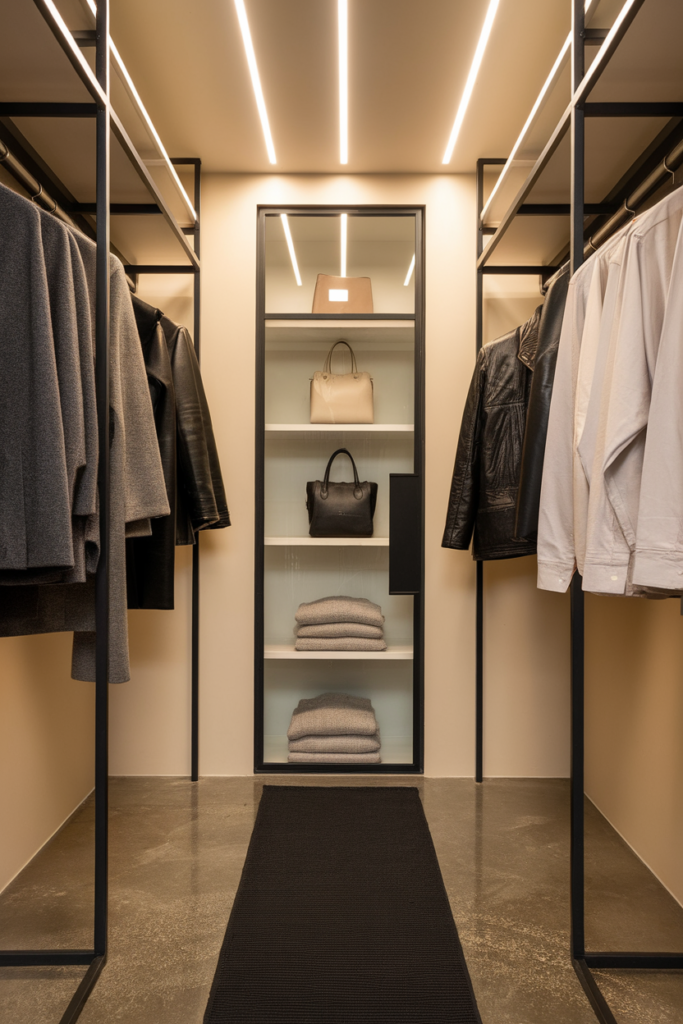 Modern compact closet with matte black rods and framing, real-world wardrobe in monochrome tones, and a polished concrete floor.
