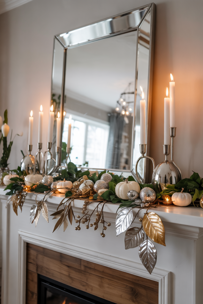 Modern fall mantel with chrome garland, metallic details, and chic autumn accents.