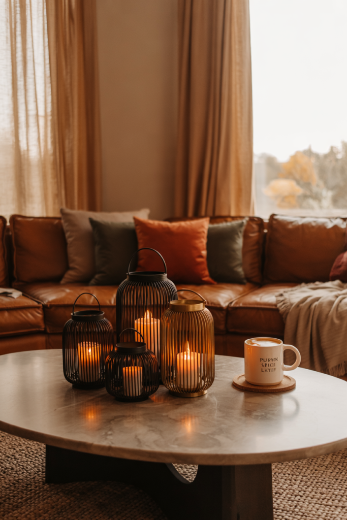 Mini lanterns with flickering LED candles arranged on a coffee table, creating a warm autumn glow in a modern living room.