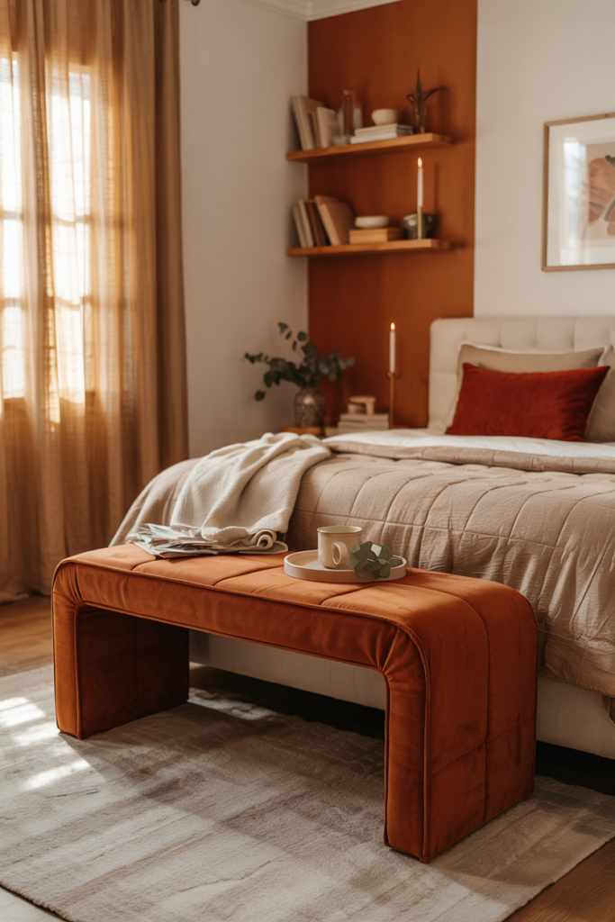 Cozy fall bedroom featuring a mini modular bench upholstered in burnt orange velvet, styled with layered throws and seasonal accents.