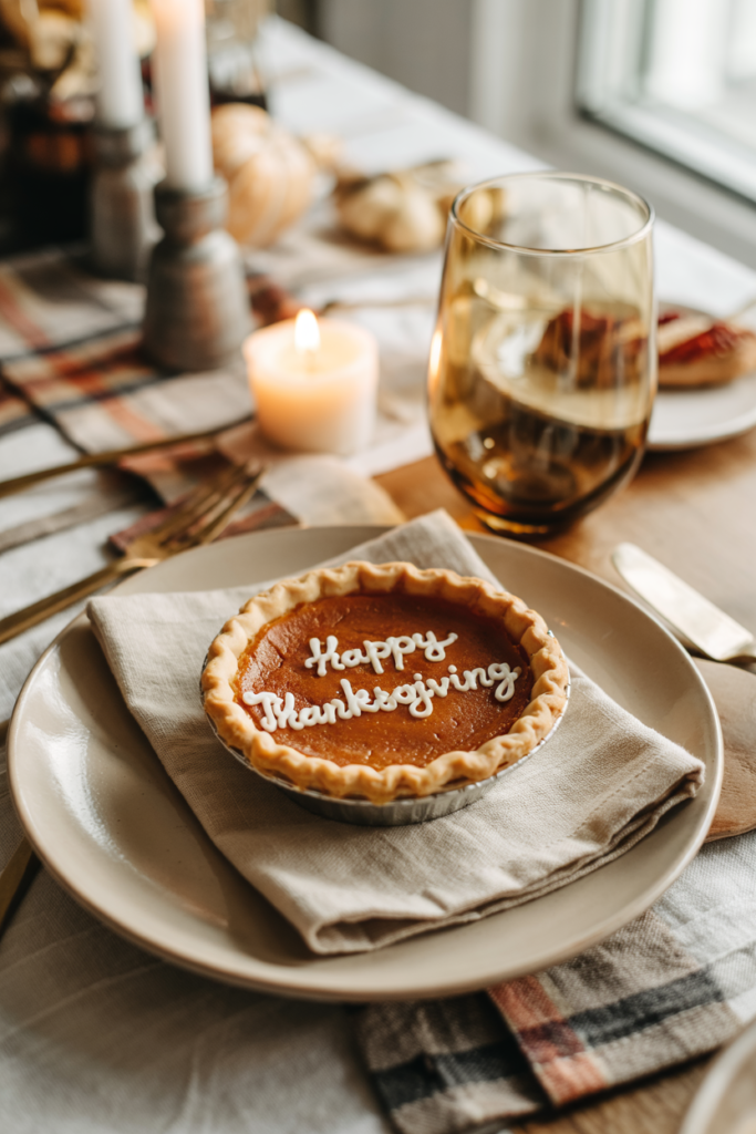 Thanksgiving table styled with mini pies at each plate, folded napkins, amber vases, copper candlesticks, plaid runner, cream stoneware, and baskets of bread for a warm, inviting festive look.