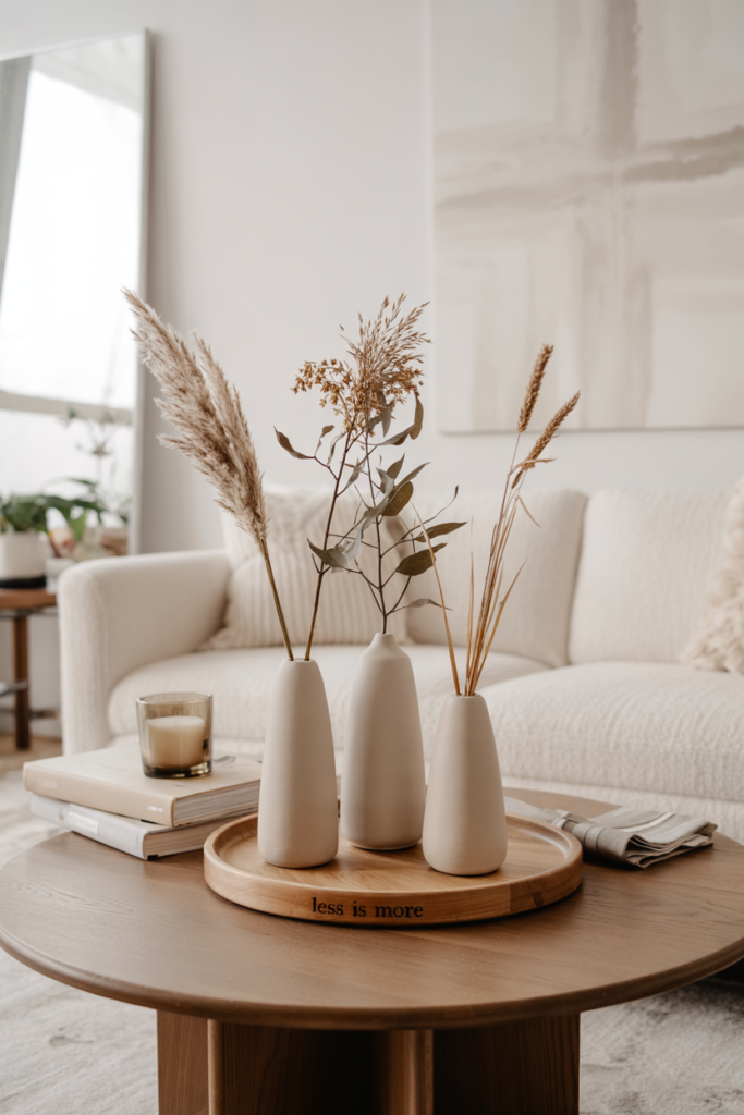 Minimalist fall centerpiece on a round walnut end table in a modern contemporary living room, featuring three matte beige ceramic vases with pampas grass, dried eucalyptus, and wheat stalks on an oak tray, styled with books, a frosted candle, and ivory boucle sofa in the background.