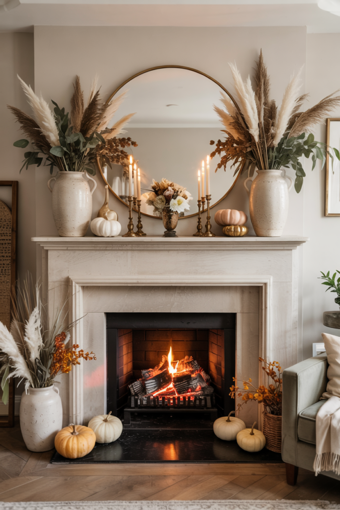 Elegant fall mantel with a mirror and oversized vases filled with autumn florals.