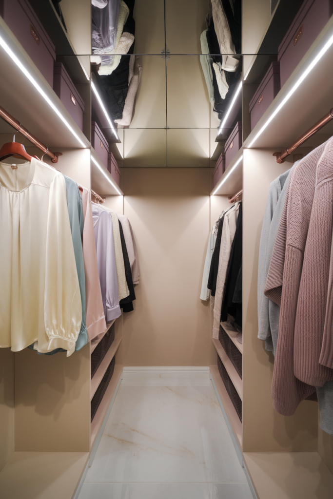 Narrow luxury closet with mirrored ceiling, matte ivory cabinetry, and  hanging wardrobe .
