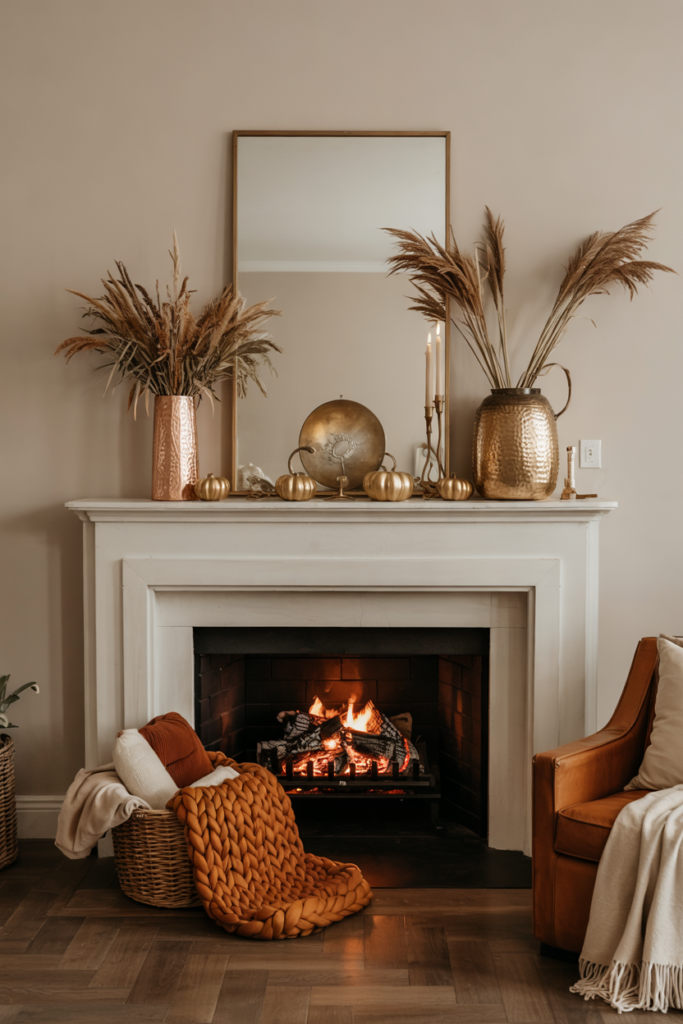 Cozy mantel with mixed metallic fall décor in copper, brass, and gold.