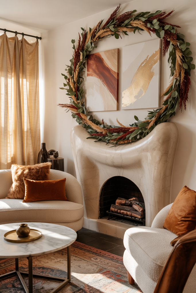 Modern sculptural fireplace mantle styled with dried autumn florals, candles, and warm neutral décor in a contemporary fall living room.