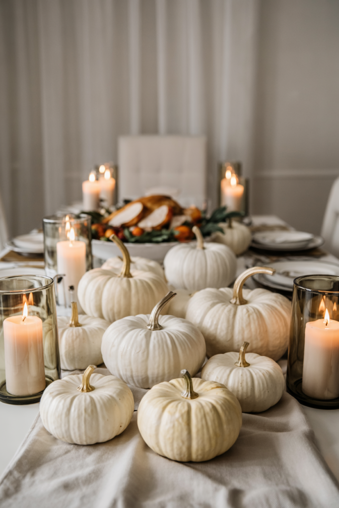 Minimalist Thanksgiving tablescape in all-white with ceramic pumpkins, pillar candles, ivory runner, white dinnerware, upholstered chairs, dinner rolls, and turkey slices creating a refined, cozy yet abundant holiday setting.