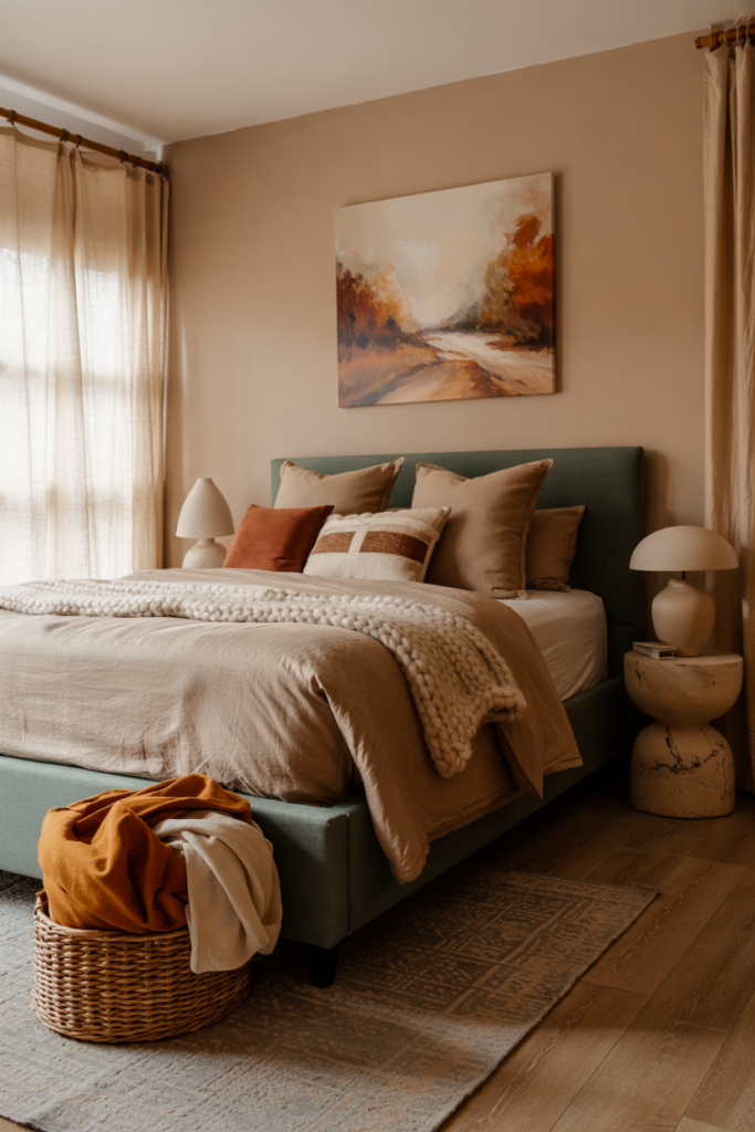 Cozy autumn bedroom with natural fiber baskets styled on the floor, adding texture, warmth, and functional seasonal storage.