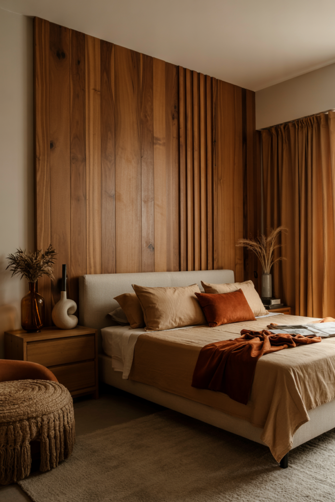 Modern fall bedroom showcasing a natural wood accent wall in rich oak or walnut, adding warmth and texture behind the bed.