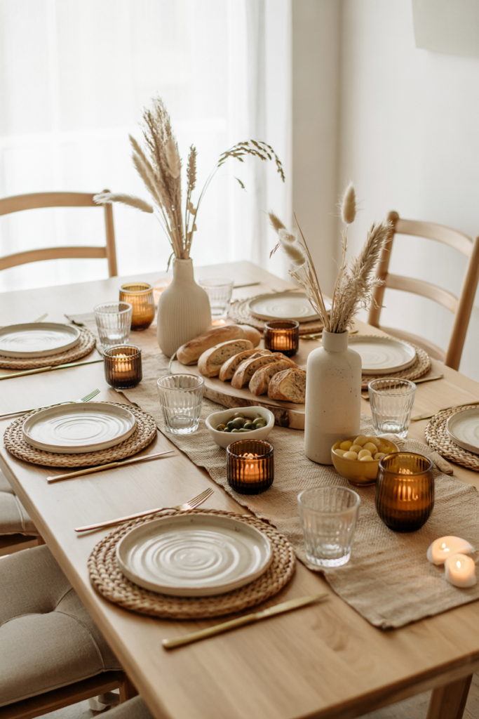 Neutral boho Thanksgiving tablescape with woven jute runner, dried pampas grass, bunny tails in ceramic vases, cream stoneware plates, wood chargers, amber candle jars, artisan bread, and natural wood chairs with linen cushions.