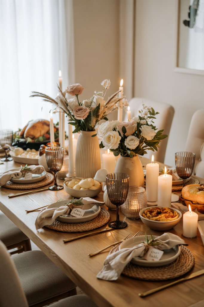 Elegant Thanksgiving centerpiece with neutral ceramic vases filled with cream and blush roses, eucalyptus, and wheat, styled on a beige linen runner with gold candles and cozy rustic tableware.