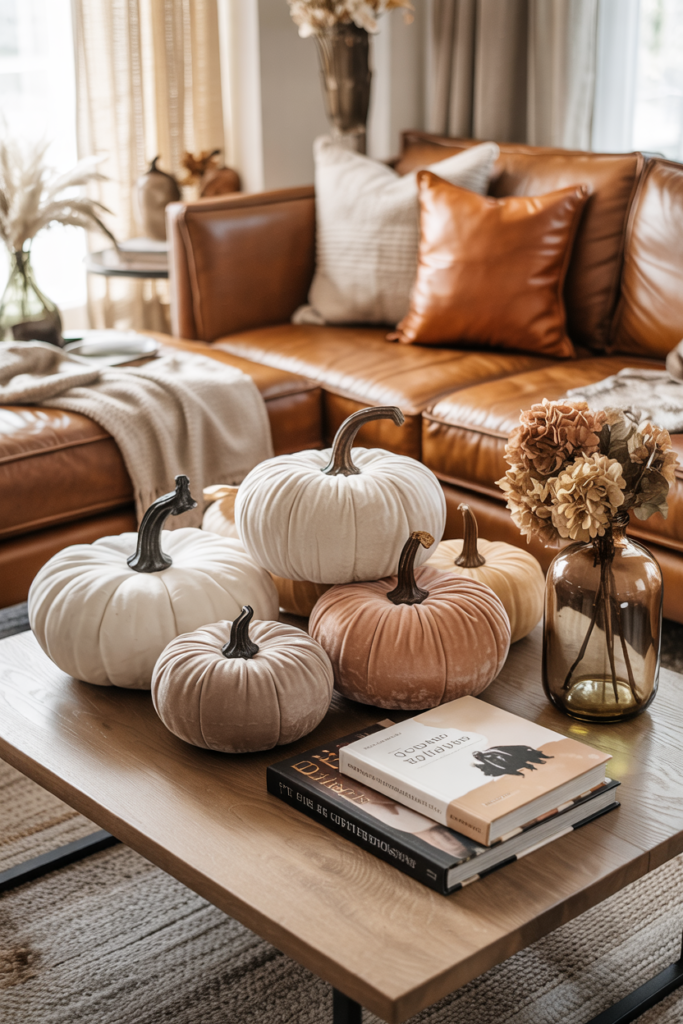 Neutral-toned velvet pumpkins in white, blush, and tan arranged on a modern coffee table with autumn décor.
