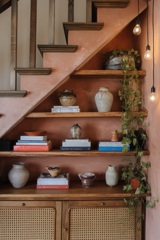 Under the Stairs Open Shelving for Décor and Storage 