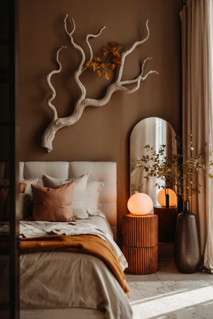 Contemporary fall bedroom featuring organic branch installations above the bed, adding natural texture and seasonal warmth to the decor.
