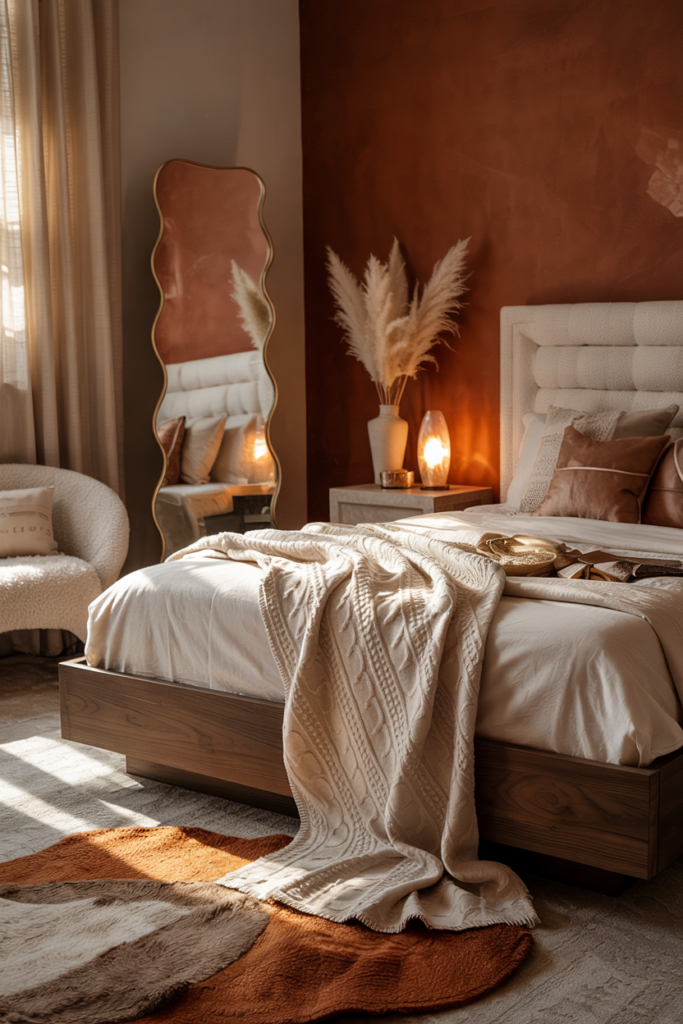 Cozy fall bedroom styled with soft wool blend throws in warm earthy tones, layered over a neutral bedspread for seasonal comfort.