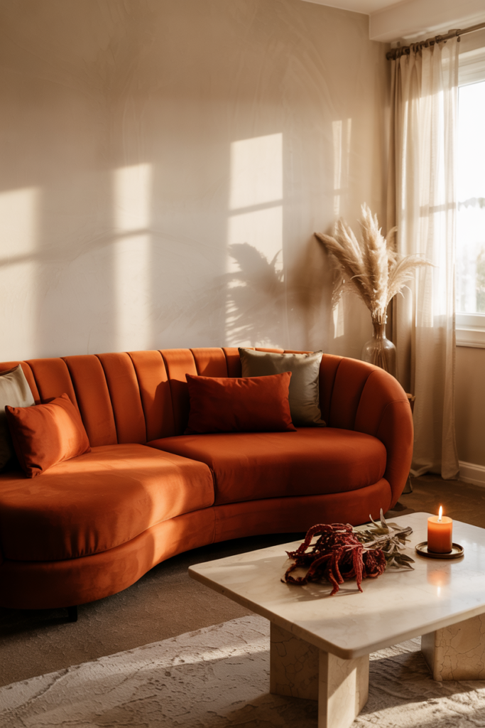 Oversized burnt orange velvet sofa with cozy fall pillows and a chunky knit throw, in a warm modern living room with autumn sunlight and seasonal décor.