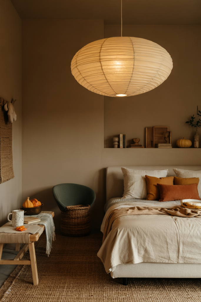 Modern fall bedroom illuminated by an oversized paper lantern pendant, casting a soft warm glow over cozy autumnal decor.