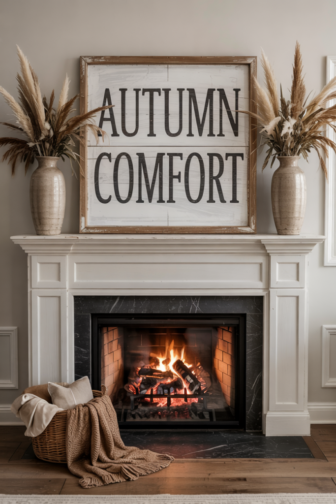 Farmhouse-style mantel with oversized wooden sign and layered autumn accents.