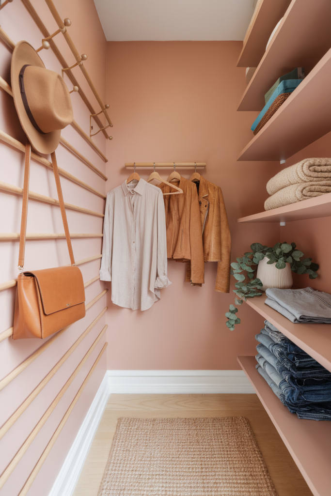Blush-toned closet with natural wood peg rails displaying hats, leather bags, linen shirts, and opposite shelves with folded sweaters.