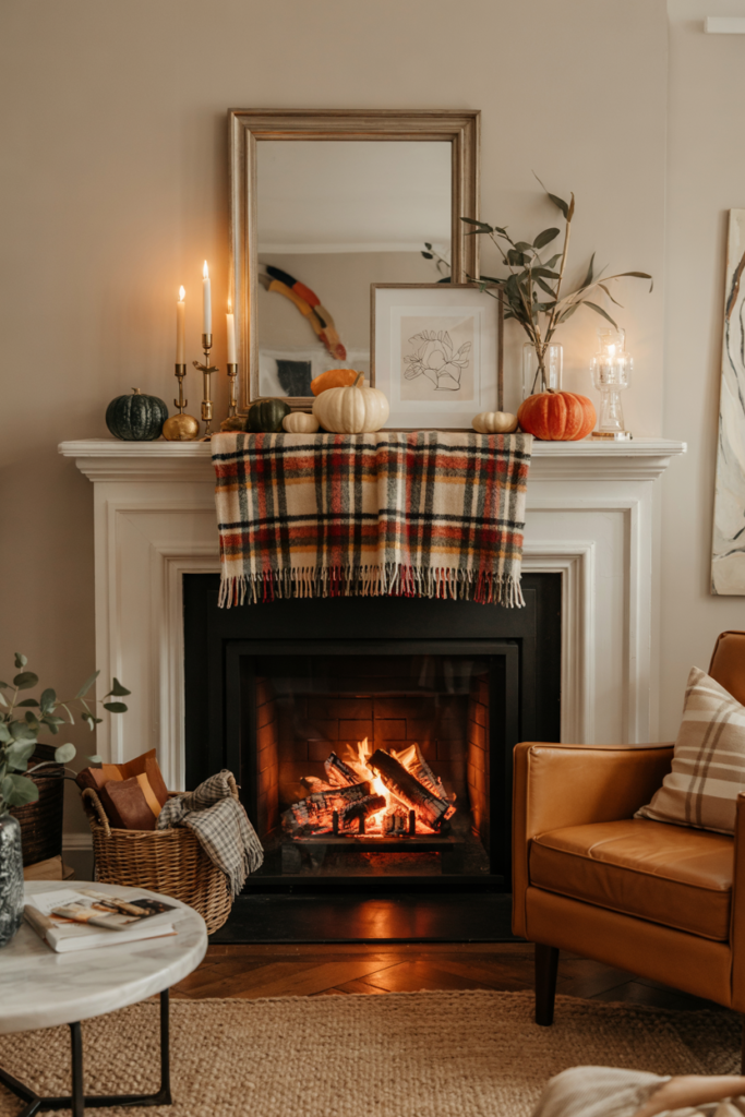 Cozy mantel with plaid throws, checkered fabrics, and autumnal farmhouse accents.