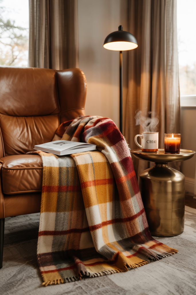 Plaid wool throw draped over a caramel leather armchair in a cozy modern fall living room.