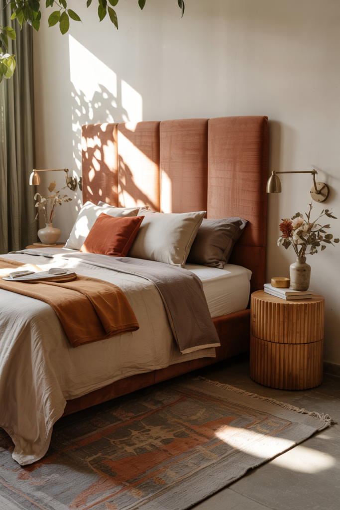 Contemporary fall bedroom with brass plug-in wall sconces featuring swing arms, providing warm directional lighting above the nightstands