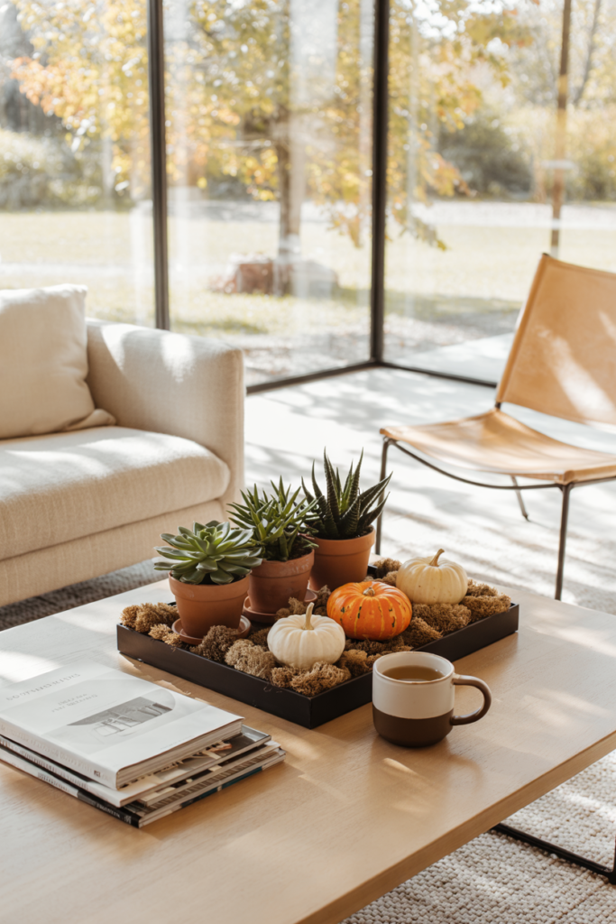 Minimalist fall coffee table centerpiece with terracotta pots of succulents, clusters of mini white and orange pumpkins, and moss on a wood tray, styled in a modern living room with cream sofa and camel leather chair.