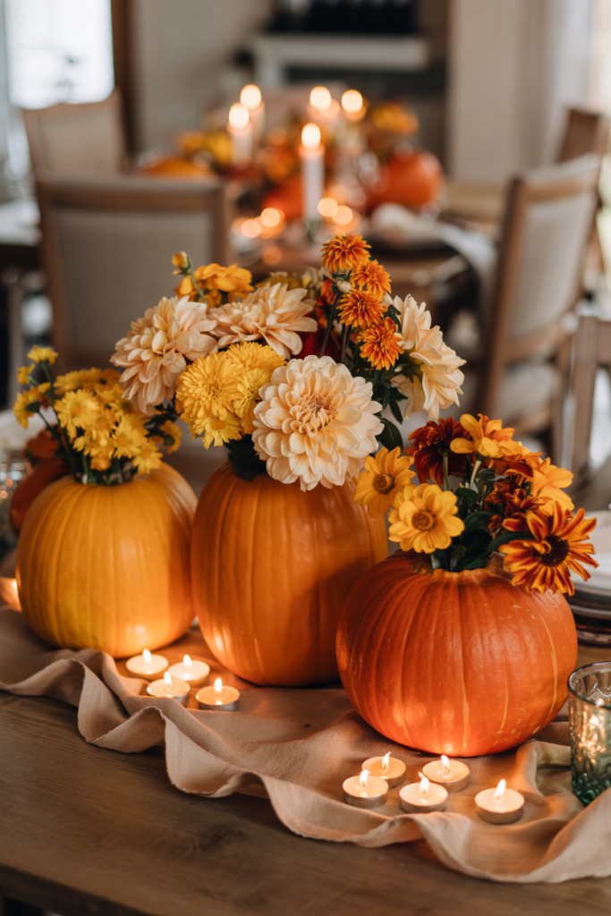 Festive Thanksgiving centerpiece with hollow pumpkins used as vases, overflowing with mums, dahlias, and marigolds, styled with soft candles, neutral plates, and a cozy modern fall table setting.