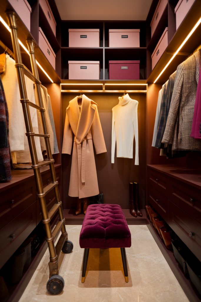 Espresso closet with a brass rolling ladder, hanging camel coats, ivory knits, and blush accessories on shelves.