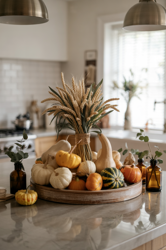 Modern Farmhouse-inspired kitchen island centerpiece with gourds, dried wheat, and a burlap runner styled on a low wooden tray for cozy rustic fall decor.