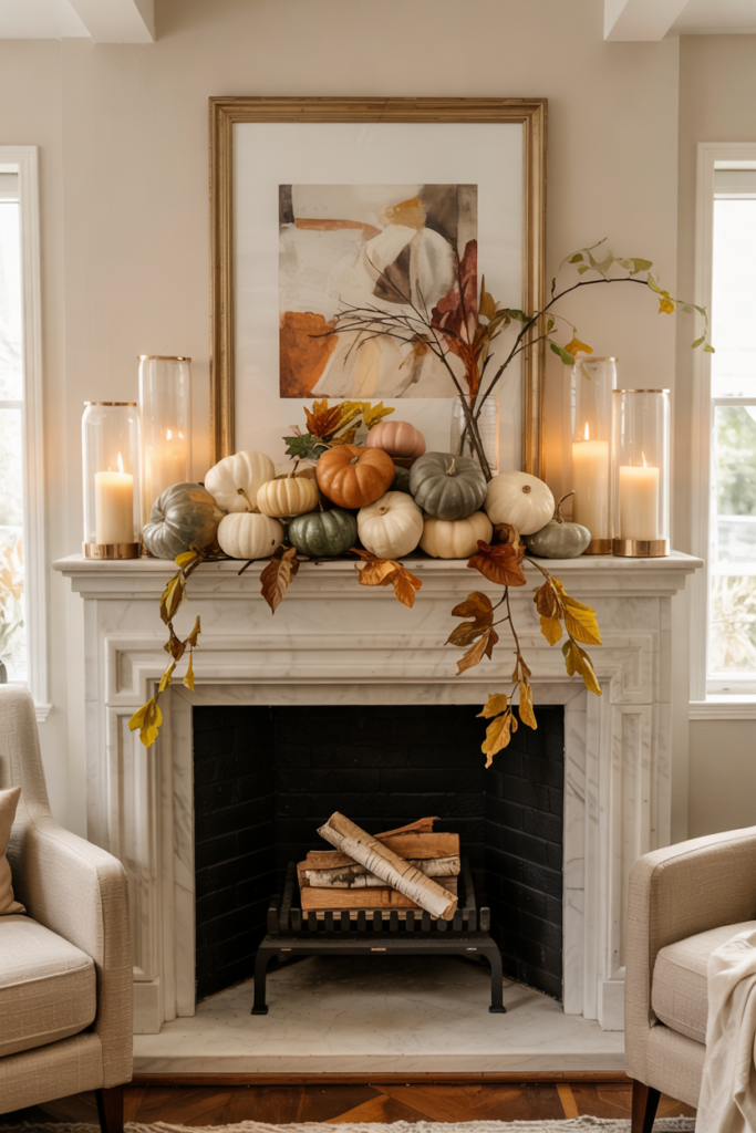 Cozy fall mantel with rustic pumpkins, neutral leaves, and warm farmhouse-inspired autumn décor.