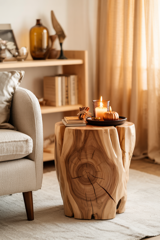 Rustic wood log side table with natural grain, styled with autumn décor in a cozy modern living room.