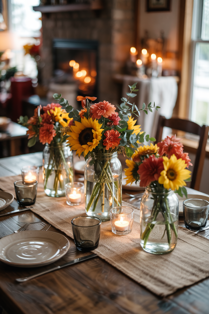 Rustic farmhouse Thanksgiving table styled with a burlap runner, mason jar vases of sunflowers and dahlias, tealights, beige ceramic plates, cornbread trays, and spiced nuts for a warm, inviting vibe.