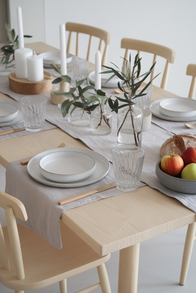Minimalist Scandinavian Thanksgiving table with matte white ceramic plates, gray linen runner, eucalyptus and olive branches in glass vases, pale oak wood dining chairs, white pillar candles, rustic bread, and fresh apples.