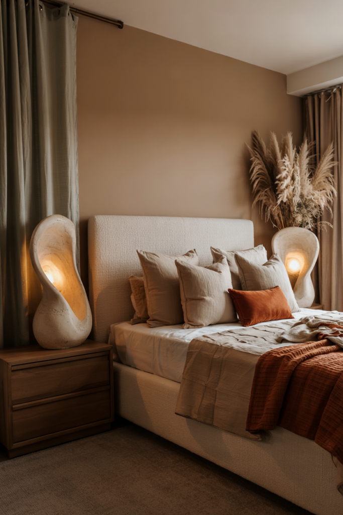 Modern fall bedroom with sculptural ceramic travertine lamps on nightstands, creating warm ambient lighting and seasonal elegance.