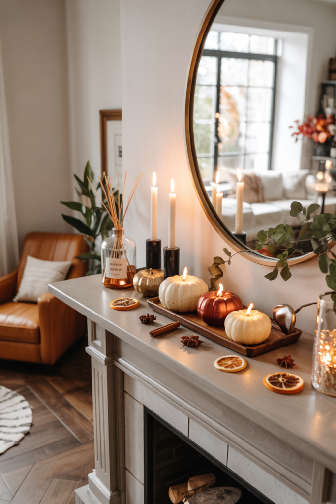 Warm fall mantel styled with simmered cider diffusers and pumpkin-chai candles.