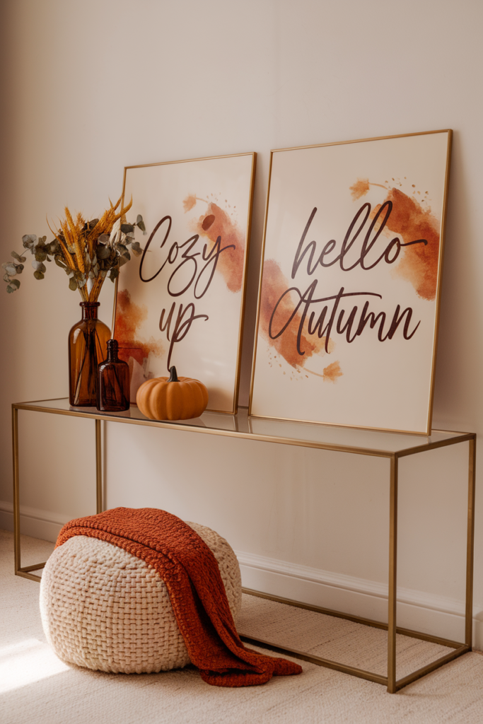 Seasonal typography art prints with handwritten “Cozy Up” and “Hello Autumn” phrases framed and displayed in a modern fall living room.