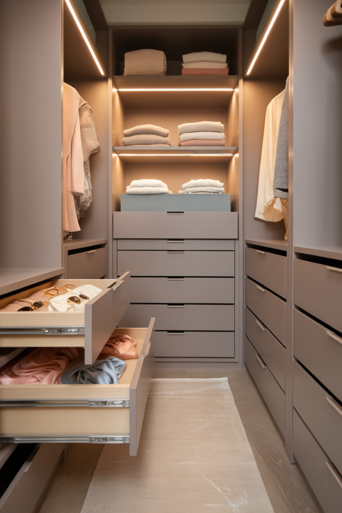 Ultra-narrow closet with taupe built-ins and slim pull-out drawers revealing silk scarves, gloves, and velvet-lined accessories.
