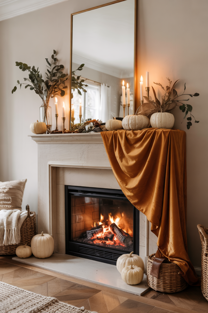 Luxurious fall mantel draped in velvet fabric with gold candleholders.
