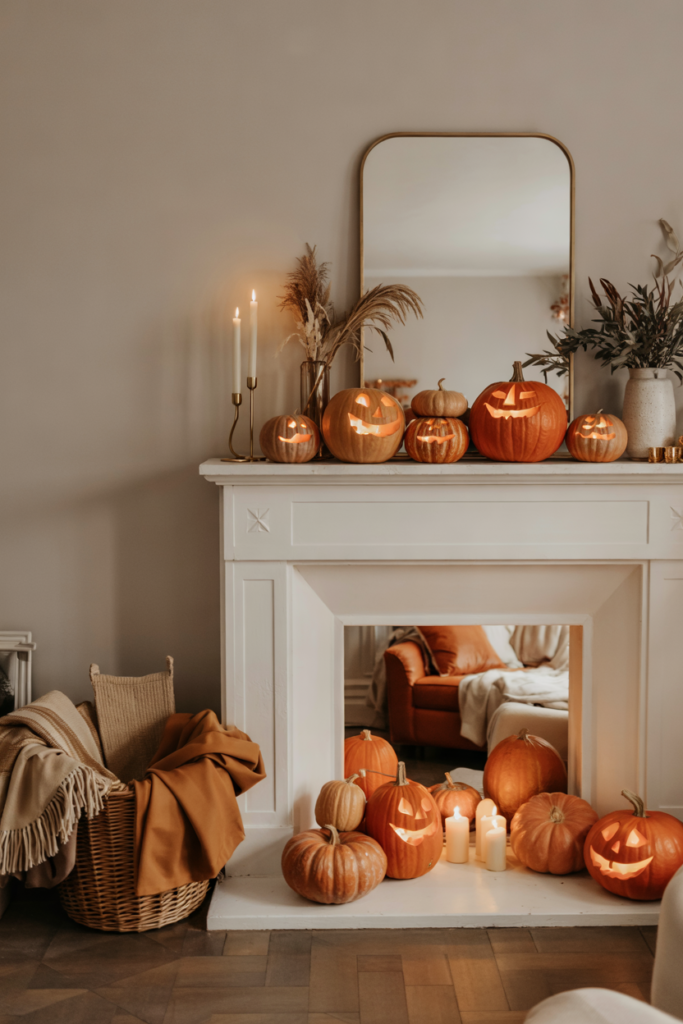 Modern rustic mantel with  jack-o’-lanterns and chic Halloween pumpkin accents.