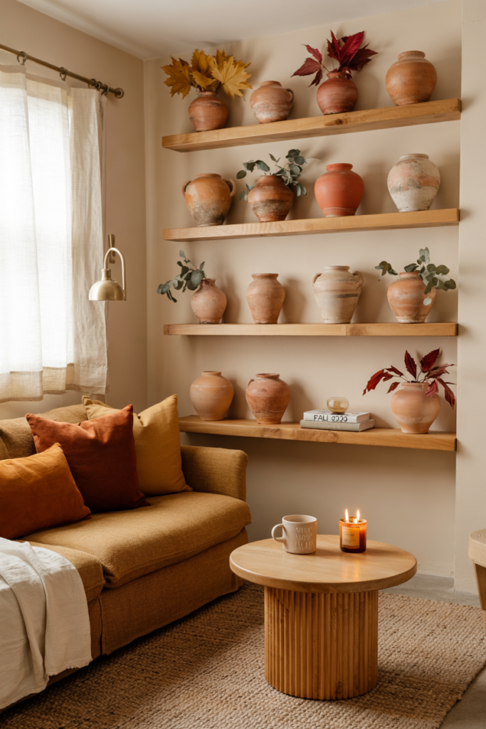 Collection of terracotta pots in varying shapes and tones displayed on open wood shelves in a warm modern fall living room.