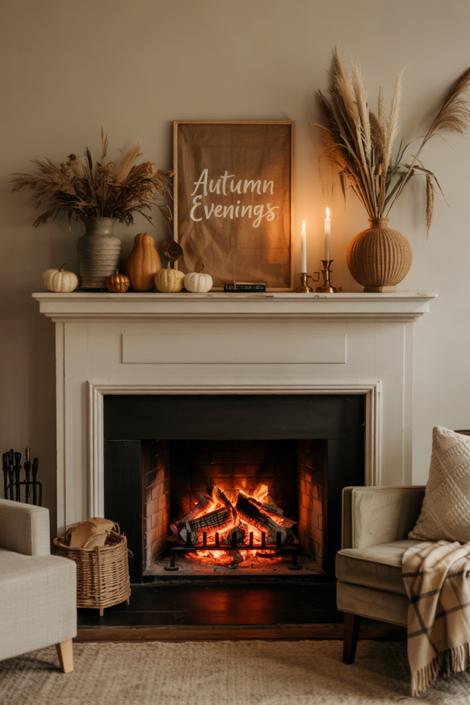 Rustic autumn mantel styled with burlap, wool, and weathered wood textures.