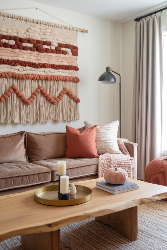 Textured wall hanging in earth tones with macramé and tufted wool above a sofa in a cozy modern fall living room.