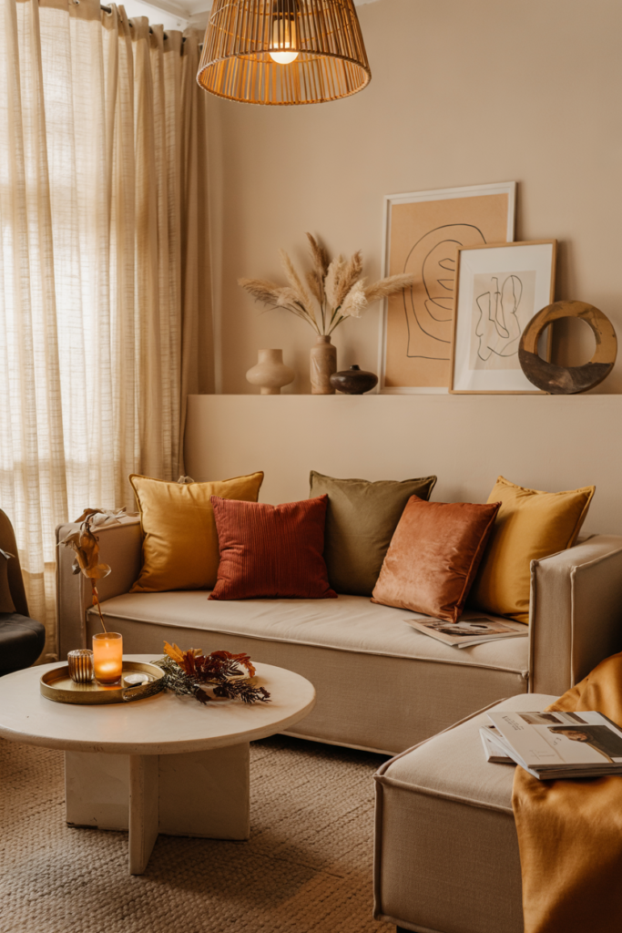Tonal fall pillow mix in shades of rust, ochre, and cream arranged on a modern sofa for cozy autumn style.
